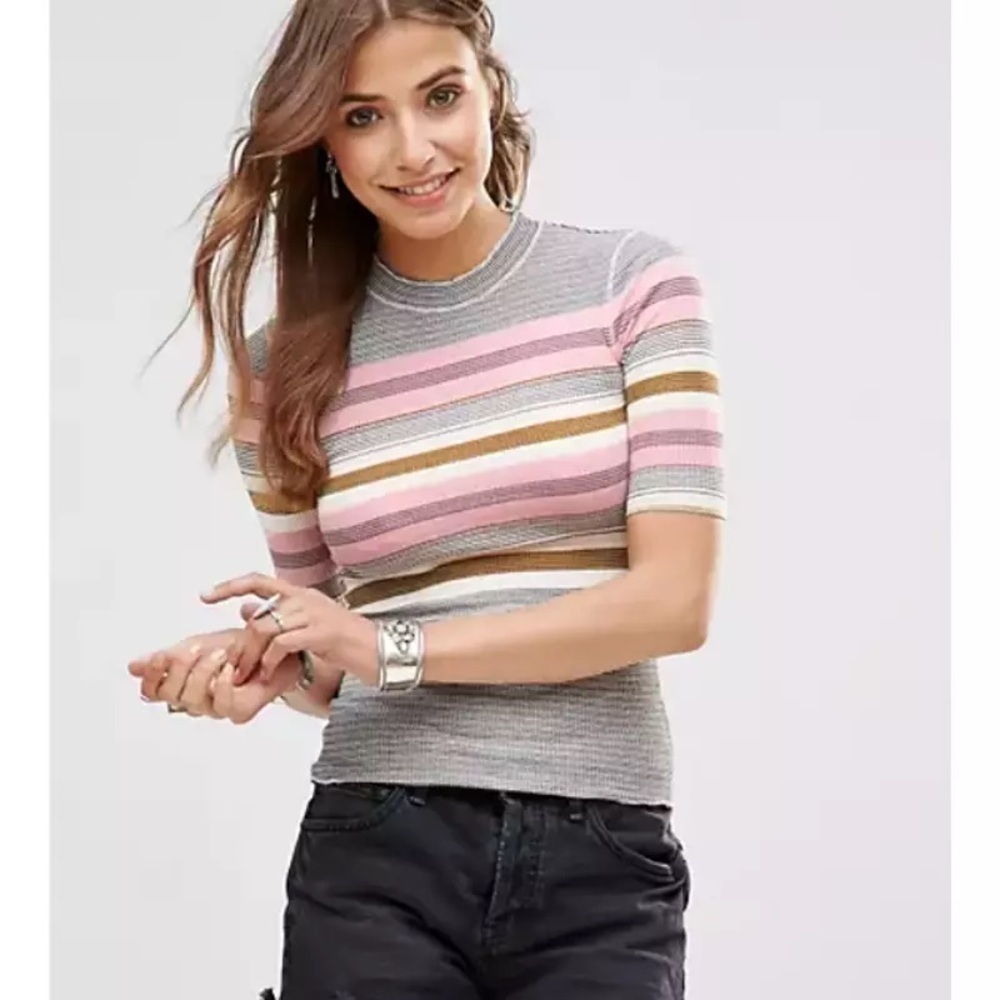 Free People Layering Donna's Stripe Gray Pink T-Shirt Size Medium/Large Stretchy